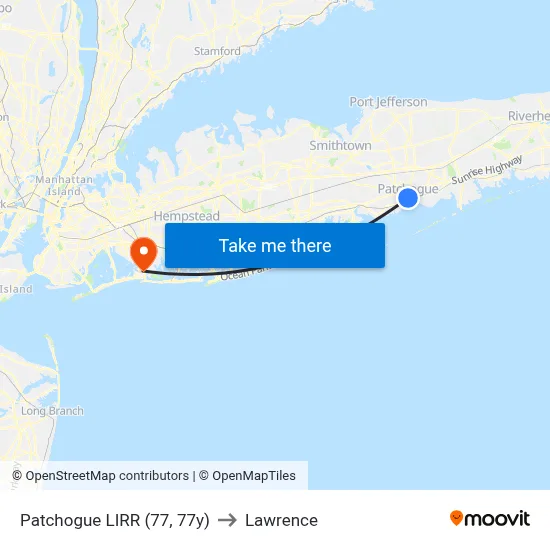 Patchogue LIRR (77, 77y) to Lawrence map