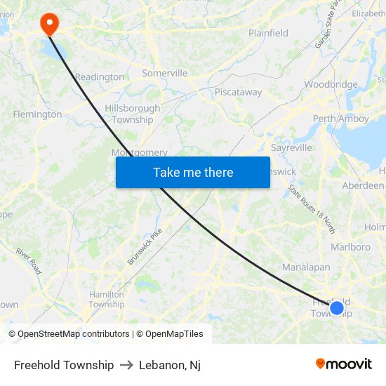 Freehold Township to Lebanon, Nj map