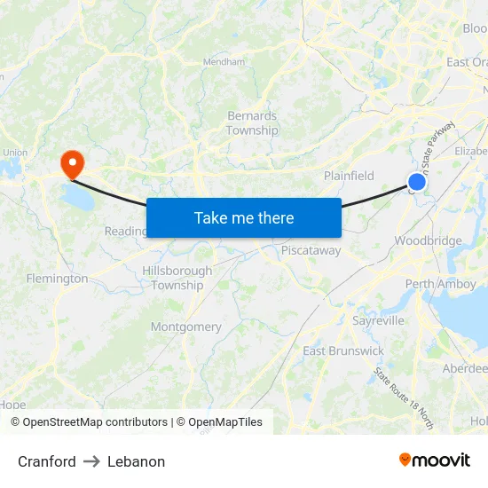 Cranford to Lebanon map