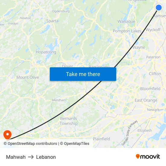 Mahwah to Lebanon map