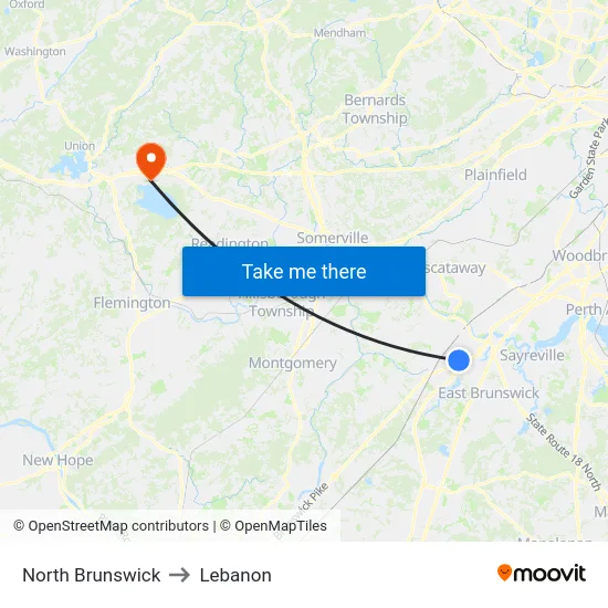 North Brunswick to Lebanon map