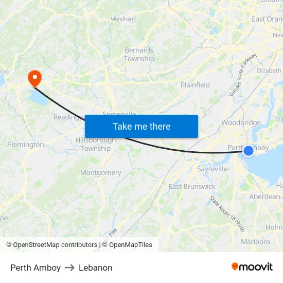 Perth Amboy to Lebanon map