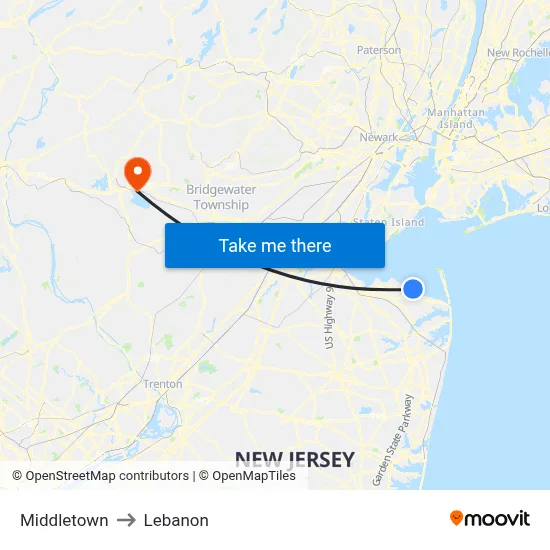 Middletown to Lebanon map