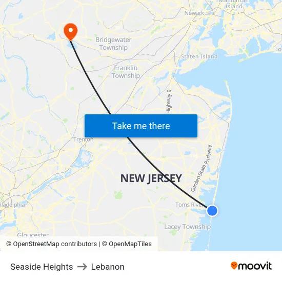 Seaside Heights to Lebanon map