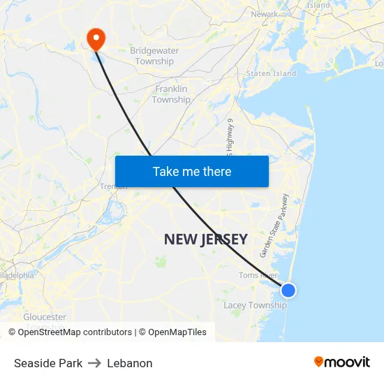 Seaside Park to Lebanon map