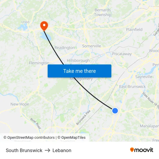 South Brunswick to Lebanon map