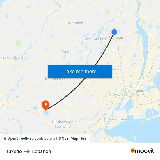 Tuxedo to Lebanon map