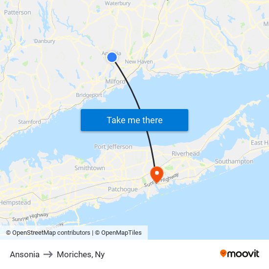 Ansonia to Moriches, Ny map