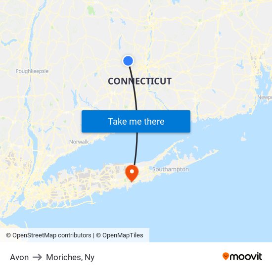 Avon to Moriches, Ny map