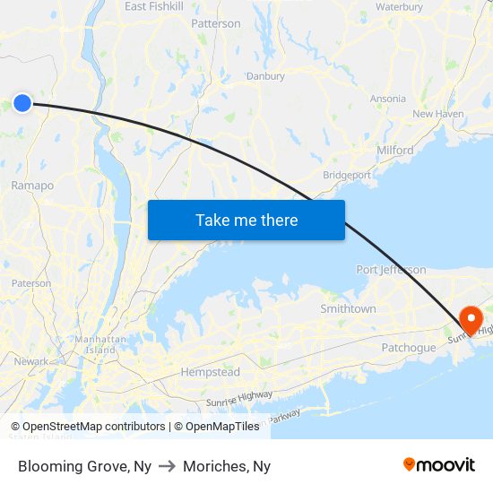 Blooming Grove, Ny to Moriches, Ny map