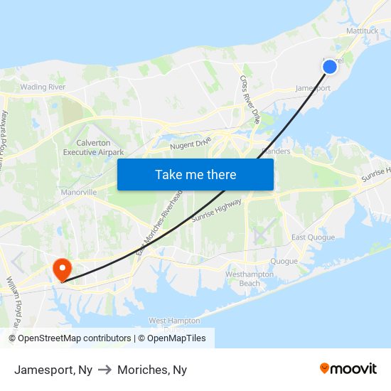 Jamesport, Ny to Moriches, Ny map