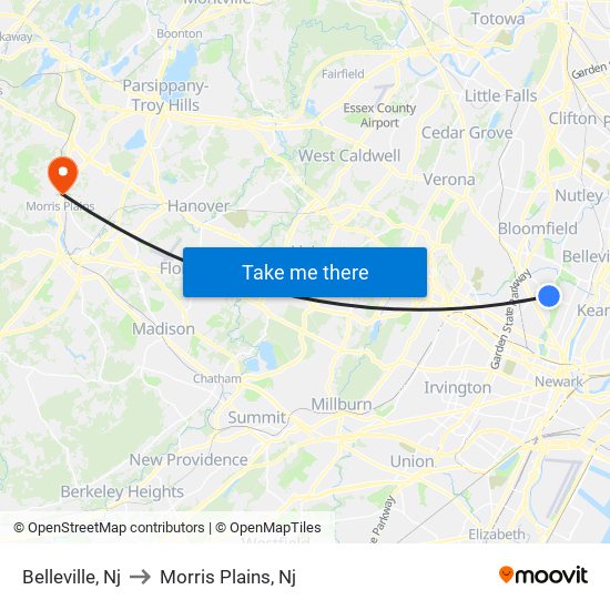 Belleville, Nj to Morris Plains, Nj map