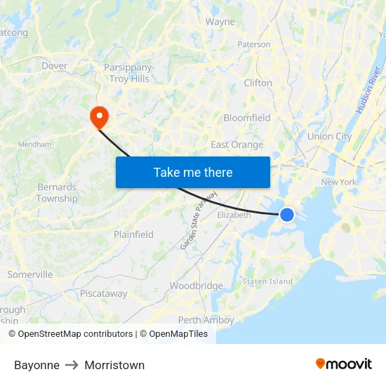 Bayonne to Morristown map