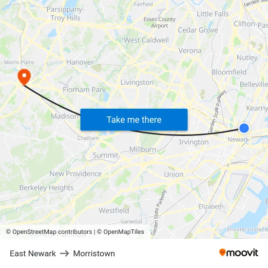 East Newark to Morristown map