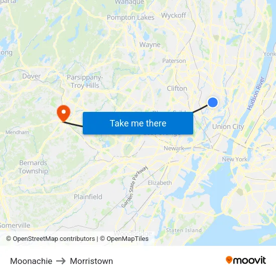 Moonachie to Morristown map
