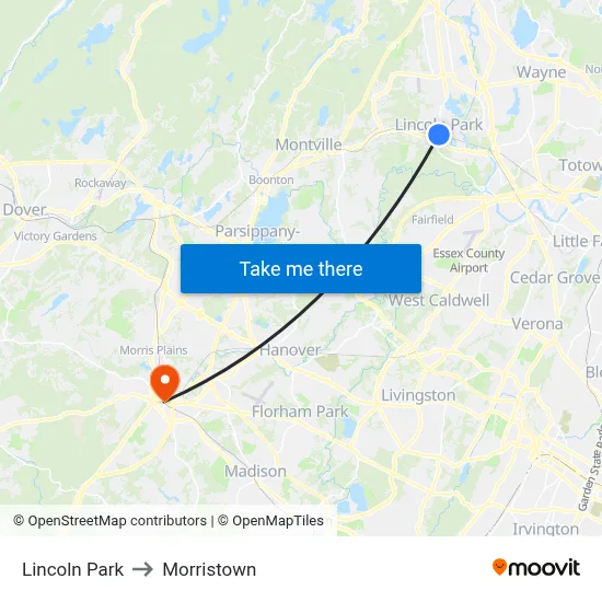 Lincoln Park to Morristown map