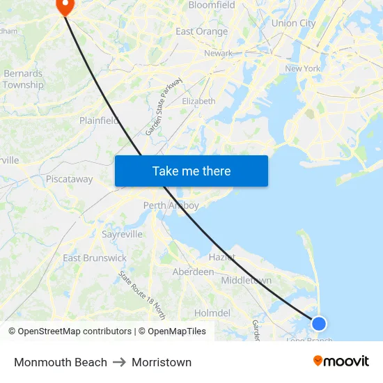 Monmouth Beach to Morristown map