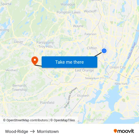 Wood-Ridge to Morristown map