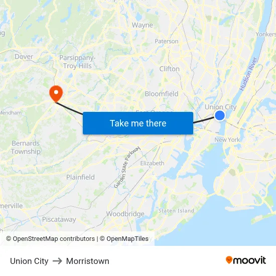 Union City to Morristown map
