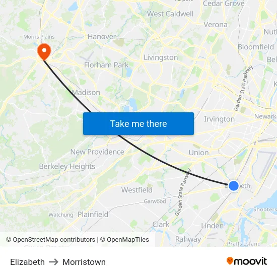 Elizabeth to Morristown map