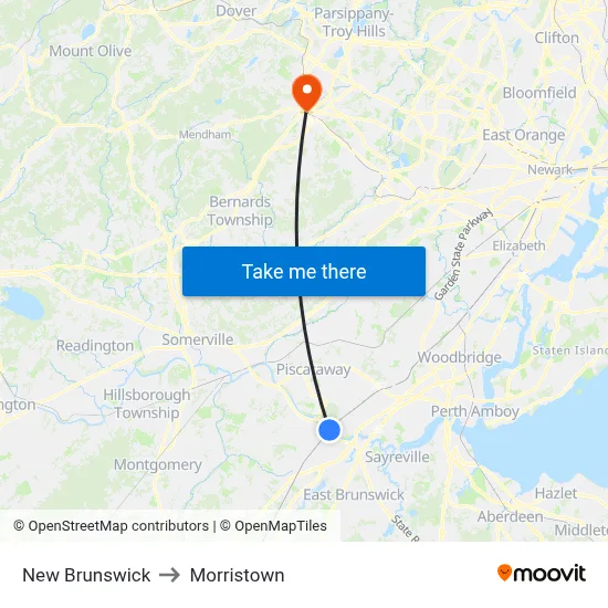 New Brunswick to Morristown map