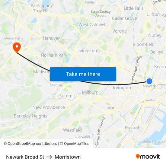 Newark Broad St to Morristown map