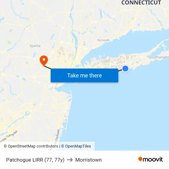 Patchogue LIRR (77, 77y) to Morristown map