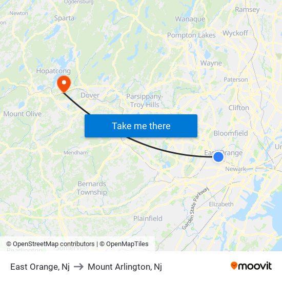 East Orange, Nj to Mount Arlington, Nj map