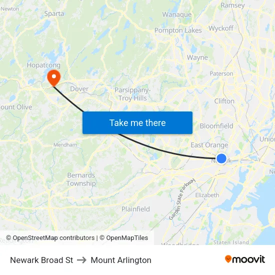 Newark Broad St to Mount Arlington map