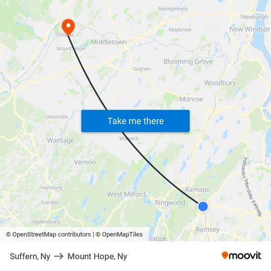 Suffern, Ny to Mount Hope, Ny map