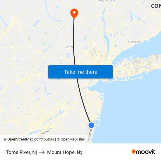 Toms River, Nj to Mount Hope, Ny map