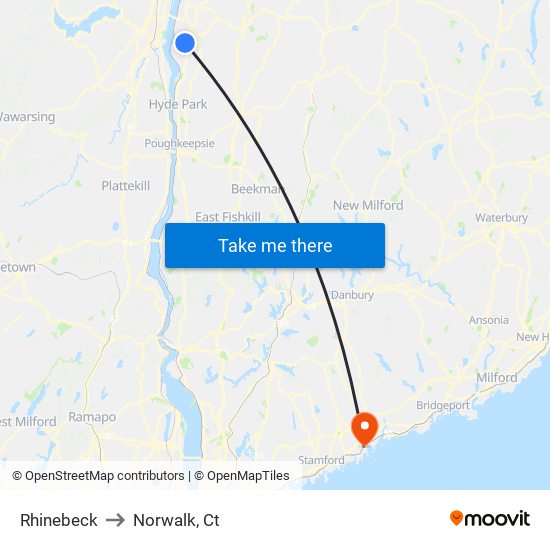 Rhinebeck to Norwalk, Ct map