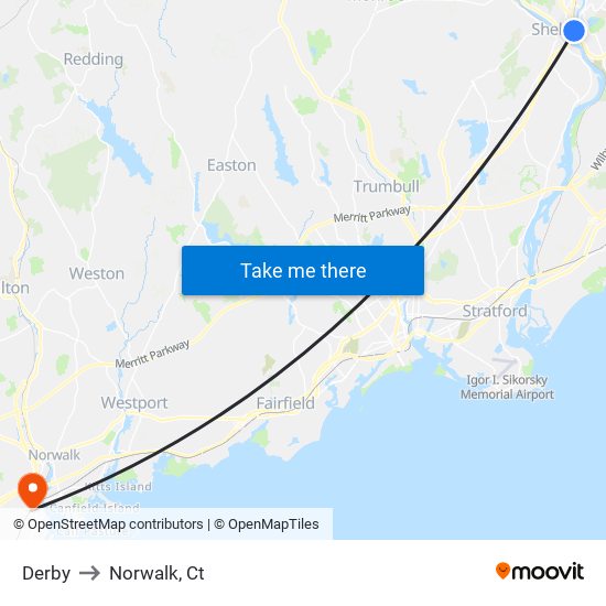 Derby to Norwalk, Ct map