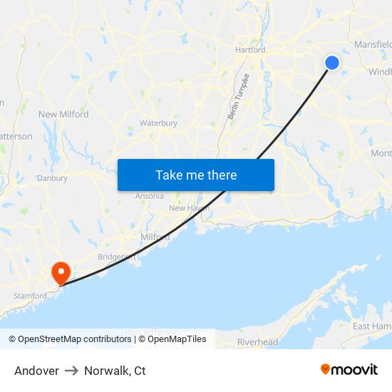 Andover to Norwalk, Ct map