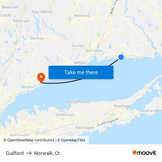 Guilford to Norwalk, Ct map