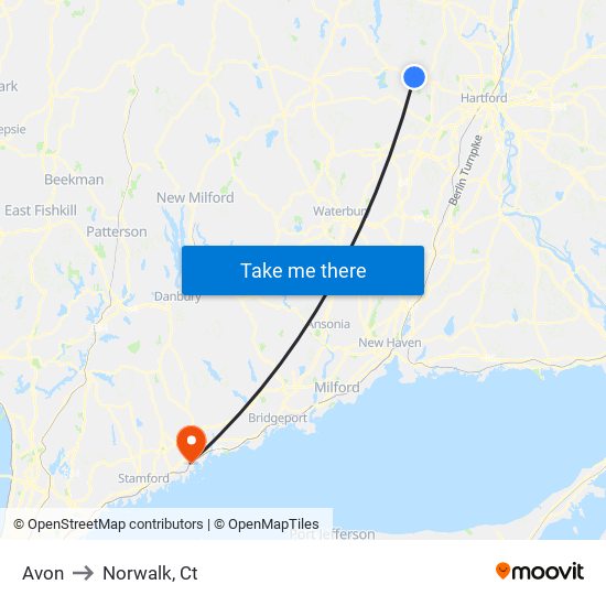Avon to Norwalk, Ct map
