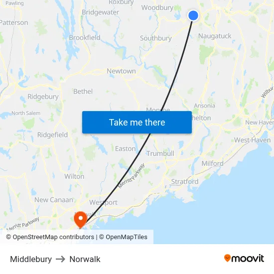 Middlebury to Norwalk map