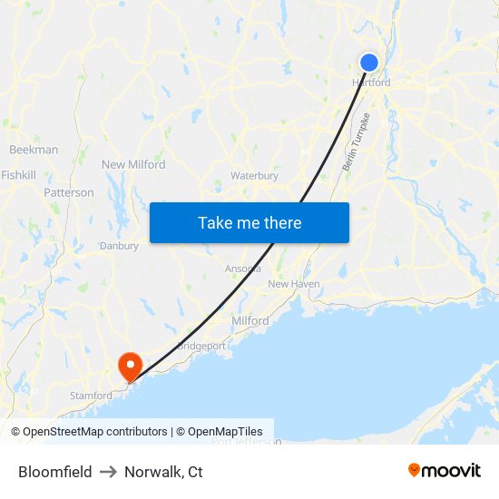 Bloomfield to Norwalk, Ct map