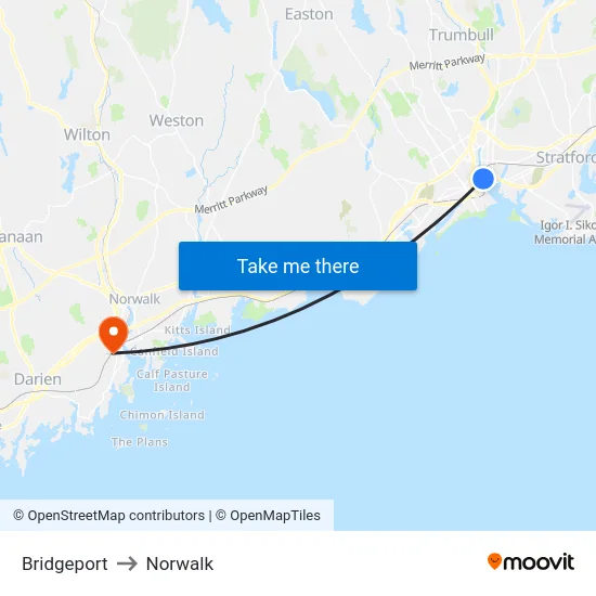 Bridgeport to Norwalk map