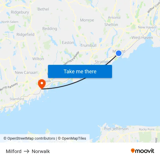 Milford to Norwalk map
