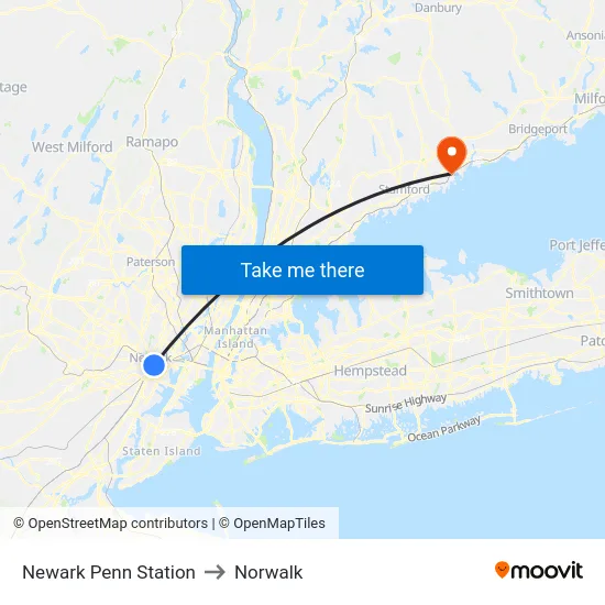 Newark Penn Station to Norwalk map