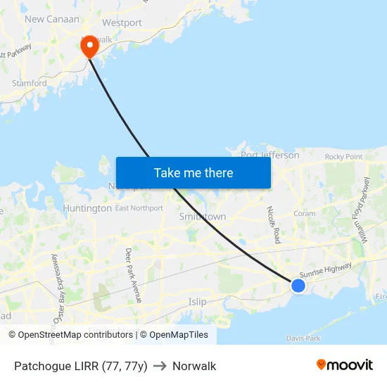 Patchogue LIRR (77, 77y) to Norwalk map