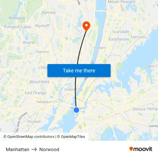 Manhattan to Norwood map