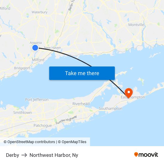 Derby to Northwest Harbor, Ny map