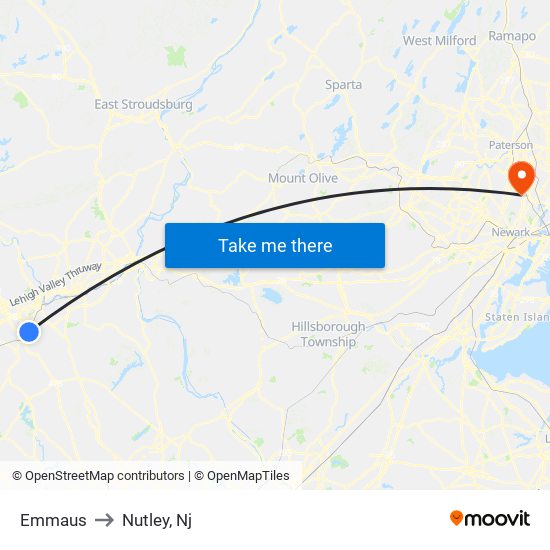 Emmaus to Nutley, Nj map