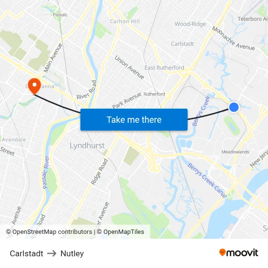 Carlstadt to Nutley map