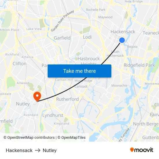 Hackensack to Nutley map