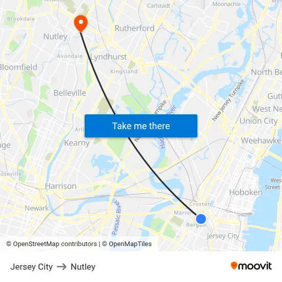 Jersey City to Nutley map