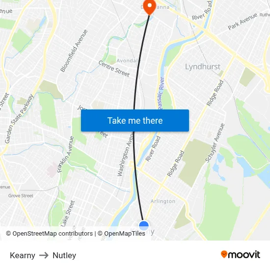 Kearny to Nutley map