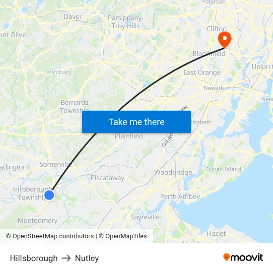 Hillsborough to Nutley map